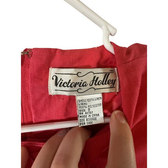 Vintage 80s Victoria Holley Coral Linen Asian Academia Secretary Pencil Dress 8 - Picture 4 of 4